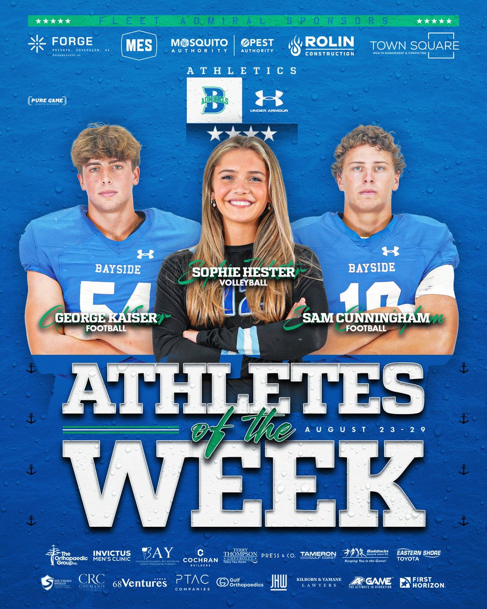 Bayside_Admiral's tweet photo. ⚓️ CONGRATULATIONS to our Bayside Academy Athletes Of The Week: George Kaiser 🏈, Sophie Hester 🏐, &amp; Sam Cunningham 🏈. 
In a thrilling 29-18 victory over #4 ranked 3A power Jackson HS, George Kaiser recorded 6 solo tackles, including 2 tackles for a loss and 2 QB hurries. https://t.co/h2o1r2rILZ