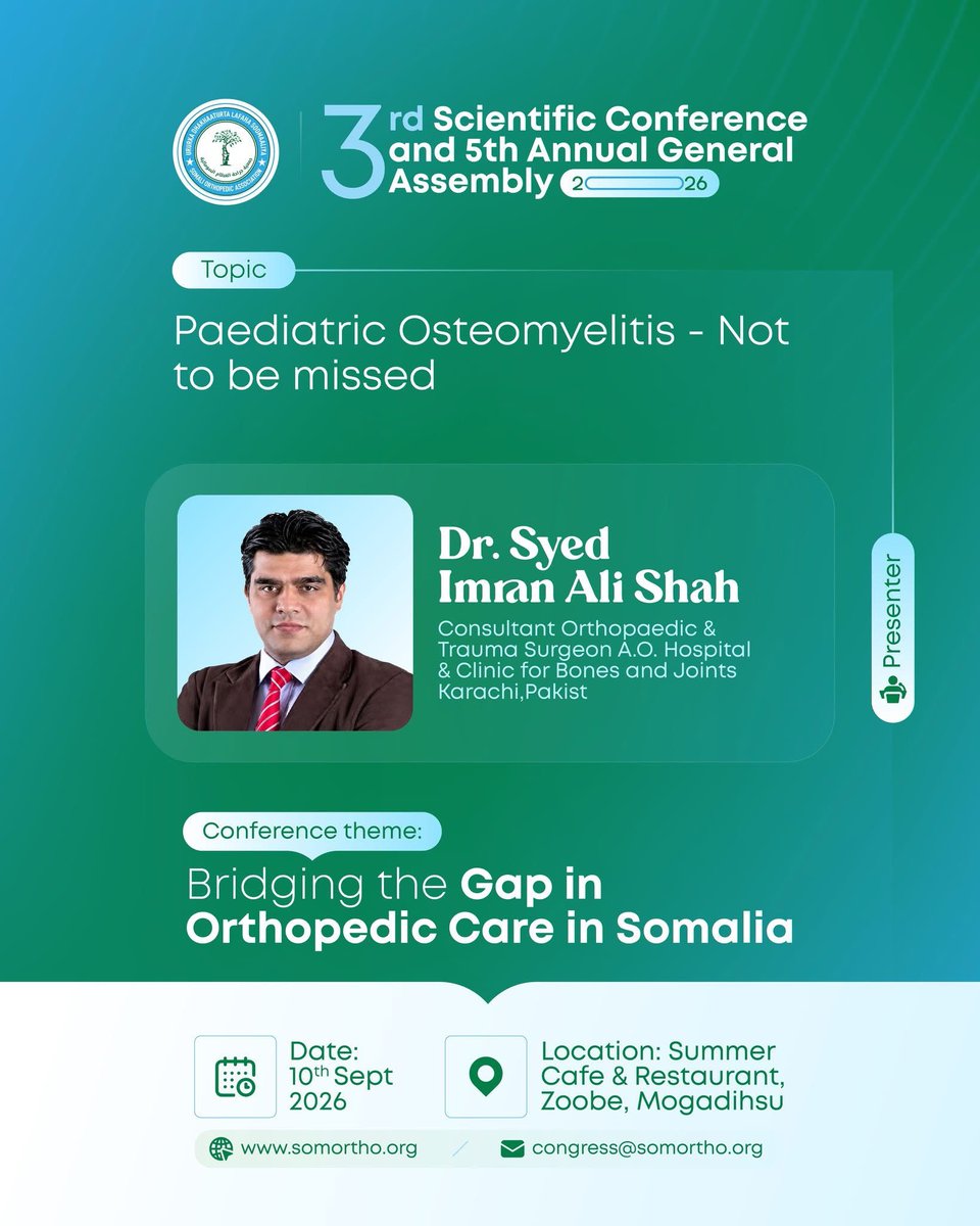 SomOrtho's tweet photo. Early diagnosis in paediatric osteomyelitis is critical to prevent severe complications like growth plate arrest and chronic infection. 
A sincere thank you to our international guest speaker, Dr. Syed Imran Ali Shah, for sharing his invaluable expertise.
#SOAConference2026 https://t.co/psDKQKI9hN