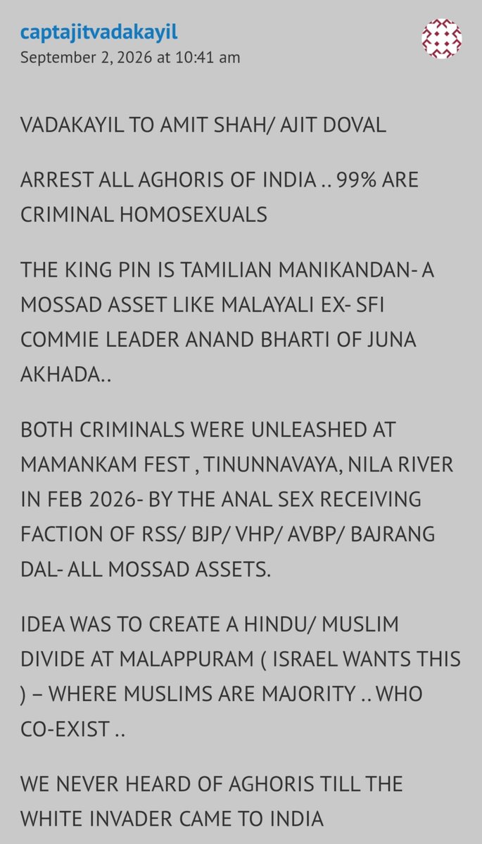 Bunga47301516's tweet photo. Vadakayil to @AmitShah /Ajit Doval,

Arrest all Aghoris of India. 99% are criminal h○mo.

We Never heard of Aghoris till white invader came to India.

Every rock⭐️ Hindu guru (charlatans) are funded by Isr@€l. Their foreign branches set up by DS.

None know Sanskrit/SDharma. https://t.co/J3S2j10PLO