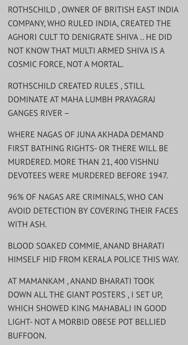 Bunga47301516's tweet photo. Vadakayil to @AmitShah /Ajit Doval,

Arrest all Aghoris of India. 99% are criminal h○mo.

We Never heard of Aghoris till white invader came to India.

Every rock⭐️ Hindu guru (charlatans) are funded by Isr@€l. Their foreign branches set up by DS.

None know Sanskrit/SDharma. https://t.co/J3S2j10PLO
