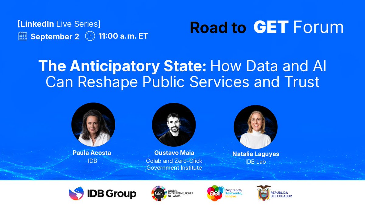IDB_Lab's tweet photo. What if public services could anticipate people’s needs instead of waiting for them to ask?
 
NOW 🔴 Join @NataliaLaguyas, Paula Acosta, and @gugamaia  for The Anticipatory State: How Data and #AI Can Reshape #PublicServices and Trust.
 
A conversation on data, AI, #GovTech, and the shift toward more proactive #PublicServices.
 
 ▶️ Watch now: https://t.co/12k9IIs2Zb