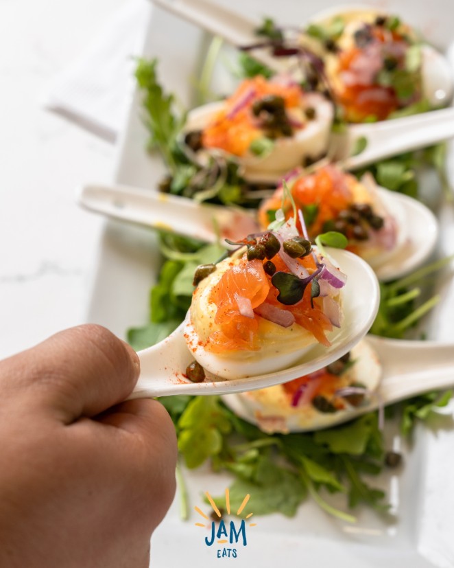 JAMEateries's tweet photo. Smoked Salmon Deviled Eggs are the kind of starter that makes the table pay attention.

Creamy deviled eggs topped w/smoked salmon &amp; fresh garnishes for a bite that's rich, savory, &amp; just a little extra in the best way.

Order them for the table and see how quickly they disappear https://t.co/2HLzBJs00N