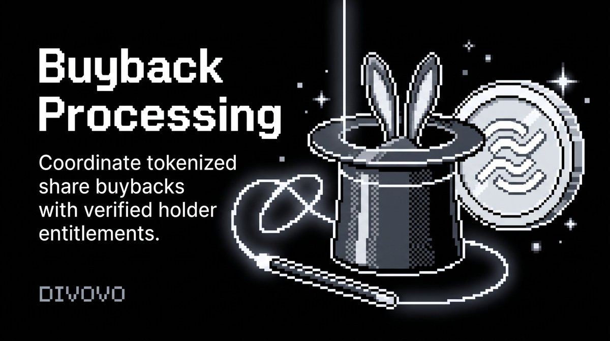 DivovoStocks's tweet photo. Buybacks require accurate ownership and clear entitlements.

Divovo coordinates tokenized share buybacks with verified holder records, helping issuer-approved actions move through a transparent on-chain process. https://t.co/hwXEjJ7BHD