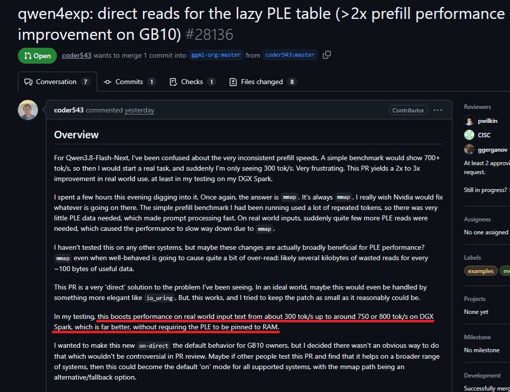 TeksEdge's tweet photo. 🤯 A llama.cpp tweak made Qwen3.8-Flash-Next 2–3× faster at prompt processing on a DGX Spark.

And the optimization is basically is to optimize SSD reading. Seems almost trivial 😂

Since the Qwen3.8-Flash-Next has a HUGE PLE/n-gram table that can live on SSD instead of consuming precious RAM/VRAM.

However, llama.cpp's current mmap path can trigger thousands of tiny scattered page faults, often pulling 4KB when the model may only need ~90 bytes.

PR #28136 introduces a new direct-read path using parallel pread() workers.

Reported DGX Spark results:

🐢 Before → ~300 tok/s prefill
🚀 After → ~750–800 tok/s
Cold diverse-text tests show roughly:

2.0–3.1× faster prompt processing

WITHOUT loading the giant PLE table into RAM.

🧠 Strix Halo 128GB testers are reporting +20–32% cold prefill too.

⚠️ PR #28136 is currently OPEN and not merged yet.

🔗 llama.cpp PR #28136 👇