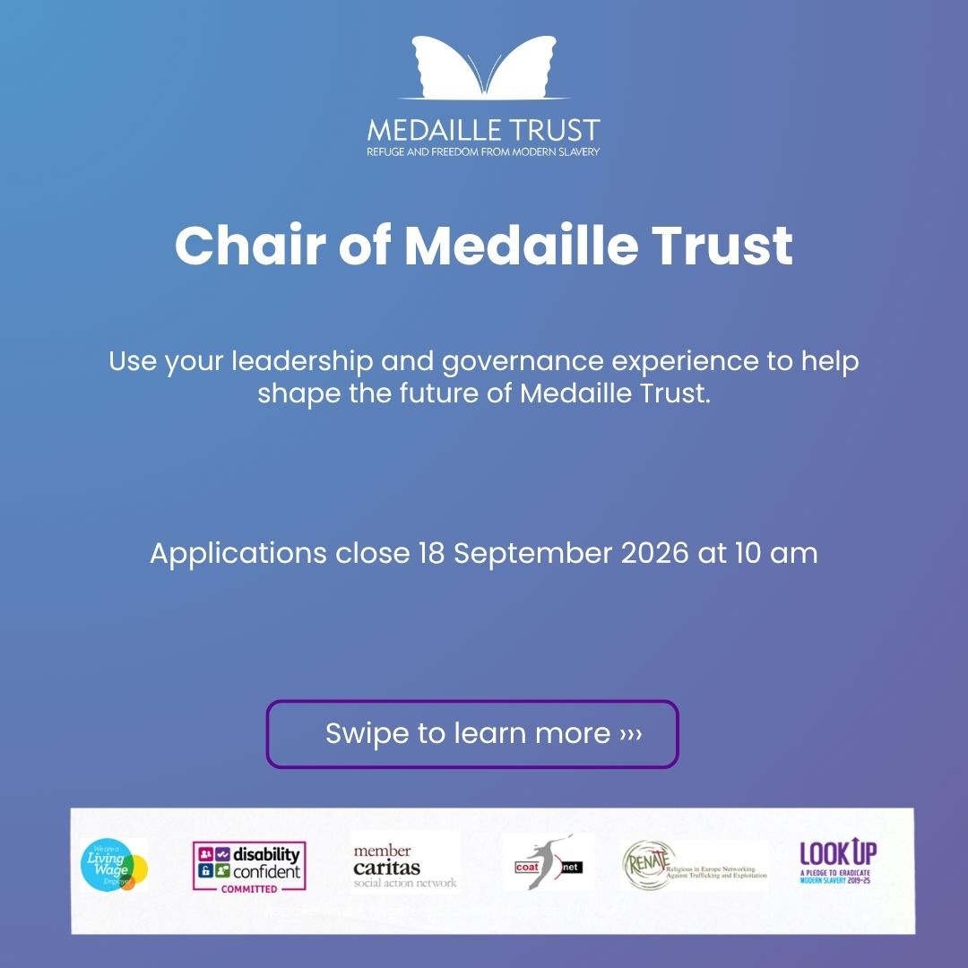 MedailleTrust's tweet photo. We’re recruiting a new Chair to lead Medaille Trust’s Board of Trustees and help guide our work supporting survivors of modern slavery.
Applications close at 10am on Friday, 18 September 2026.
Learn more and apply:
https://t.co/WgJyrE4kgG https://t.co/sUiU1Cj7JA