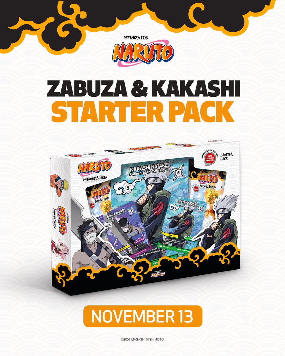 NarutoMythosTCG's tweet photo. TWO NEW STARTER PACKS AND FOUR TEAM SETS ARE COMING SOON IN EUROPE!

Get ready to add two brand-new Starter Packs and four Team Sets to your NARUTO Mythos TCG collection!

Starter Pack Gaara & Rock Lee
📅 October 23 - EN & FR

Starter Pack Zabuza & Kakashi + All of the Team Sets
📅 November 13 - EN & FR

Each Starter Pack includes:
🍥 4 Set 2: Shinobi Shiren boosters
✨ 2 exclusive brand new Mythos cards
🌟 1 exclusive MAXI Foil card

Each Team Set includes: 
🍥 3 Set 2: Shinobi Shiren boosters
✨ 1 exclusive brand new Mythos cards

These will be available a little later in the US. More information coming soon! 🧡

Which item is your favorite? Let us know in the comments!