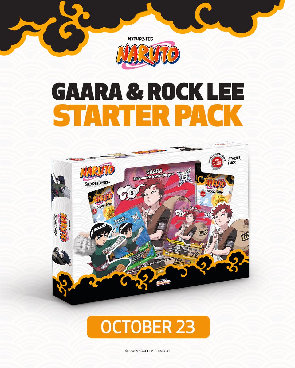 NarutoMythosTCG's tweet photo. TWO NEW STARTER PACKS AND FOUR TEAM SETS ARE COMING SOON IN EUROPE!

Get ready to add two brand-new Starter Packs and four Team Sets to your NARUTO Mythos TCG collection!

Starter Pack Gaara & Rock Lee
📅 October 23 - EN & FR

Starter Pack Zabuza & Kakashi + All of the Team Sets
📅 November 13 - EN & FR

Each Starter Pack includes:
🍥 4 Set 2: Shinobi Shiren boosters
✨ 2 exclusive brand new Mythos cards
🌟 1 exclusive MAXI Foil card

Each Team Set includes: 
🍥 3 Set 2: Shinobi Shiren boosters
✨ 1 exclusive brand new Mythos cards

These will be available a little later in the US. More information coming soon! 🧡

Which item is your favorite? Let us know in the comments!