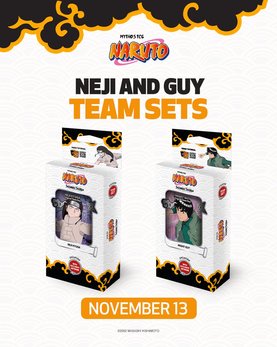 NarutoMythosTCG's tweet photo. TWO NEW STARTER PACKS AND FOUR TEAM SETS ARE COMING SOON IN EUROPE!

Get ready to add two brand-new Starter Packs and four Team Sets to your NARUTO Mythos TCG collection!

Starter Pack Gaara & Rock Lee
📅 October 23 - EN & FR

Starter Pack Zabuza & Kakashi + All of the Team Sets
📅 November 13 - EN & FR

Each Starter Pack includes:
🍥 4 Set 2: Shinobi Shiren boosters
✨ 2 exclusive brand new Mythos cards
🌟 1 exclusive MAXI Foil card

Each Team Set includes: 
🍥 3 Set 2: Shinobi Shiren boosters
✨ 1 exclusive brand new Mythos cards

These will be available a little later in the US. More information coming soon! 🧡

Which item is your favorite? Let us know in the comments!