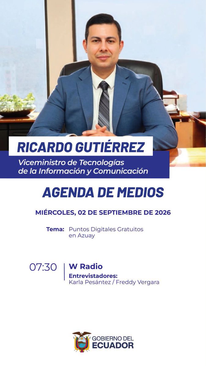 PDEMindo's tweet photo. #MITEnMedios | El viceministro de Tecnologías de la Información y Comunicación, Ricardo Gutiérrez, mantendrá este miércoles 02 de septiembre de 2026 una entrevista para informar sobre puntos digitales gratuitos en Azuay. 
📻 07:30 | #WRadio https://t.co/SY7tdHH9yq