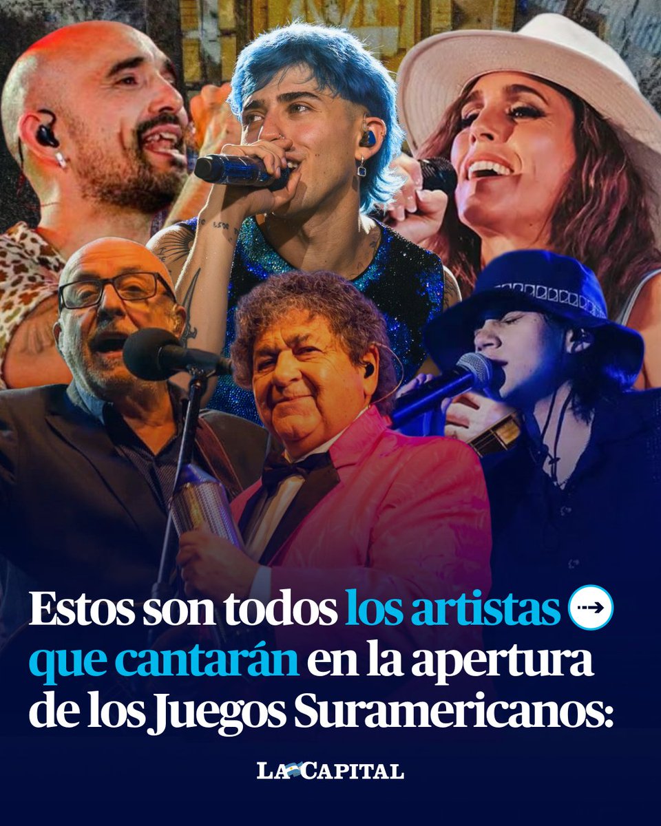 lacapital's tweet photo. 🎤💯 ¡UN GRAN LINE UP! 

Los XIII Juegos Suramericanos 2026 están a muy pocos días de comenzar. El evento internacional, que se desarrollará del 12 al 26 de septiembre en Rosario, Santa Fe capital y Rafaela, tendrán su gran apertura en la ciudad de Rosario, con la participación de numerosos artistas invitados en un show de acceso libre y gratuito.

🗓️ La música argentina será, definitivamente, la gran protagonista de la ceremonia de apertura de los Juegos Suramericanos. El sábado 12 de septiembre, Rosario recibirá en el escenario montado frente al río Paraná a Soledad Pastorutti, Abel Pintos, Luck Ra, Juan Carlos Baglietto, Cacho Deicas, Valentino Merlo y Agustín Rada. Los arreglos musicales estarán a cargo de Lito Vitale.