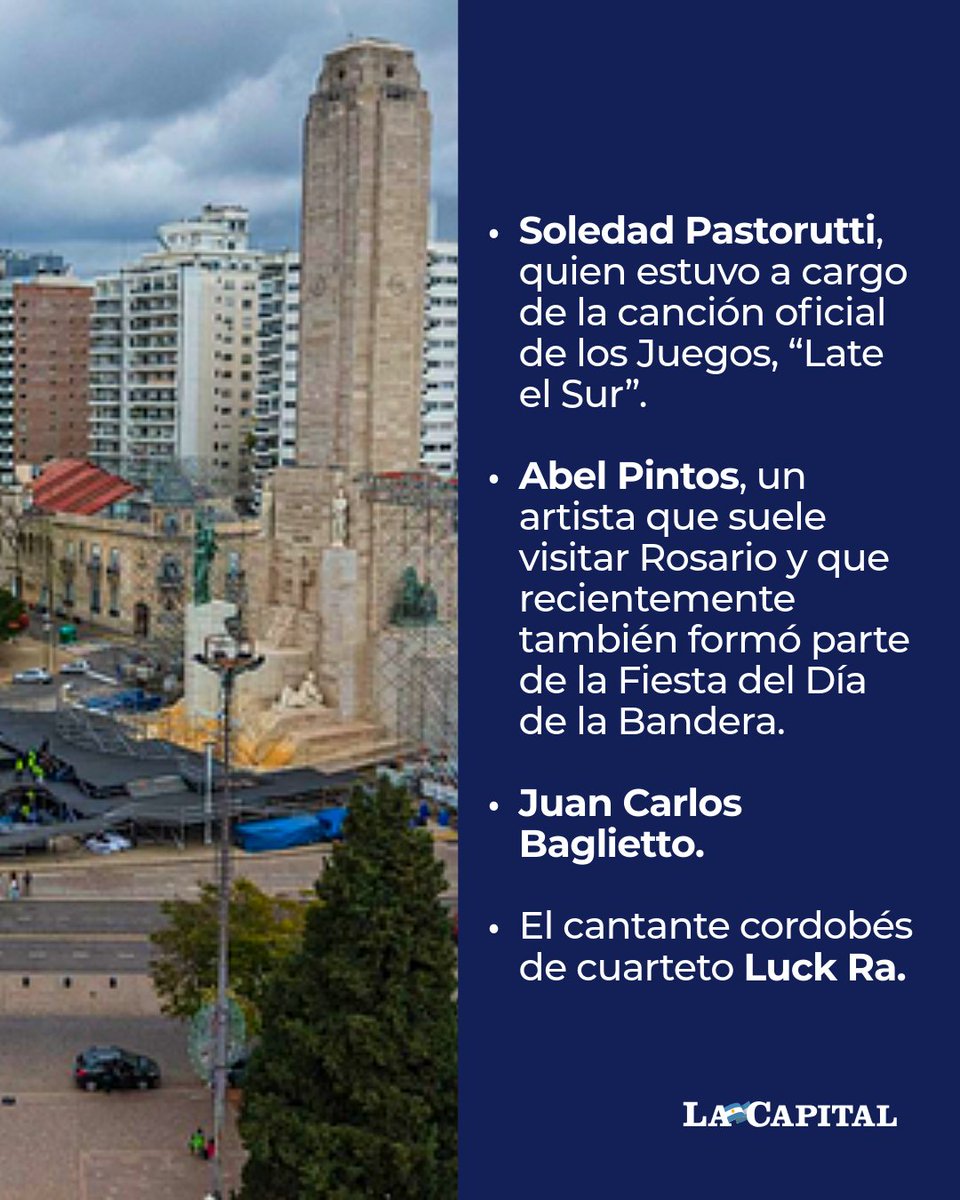 lacapital's tweet photo. 🎤💯 ¡UN GRAN LINE UP! 

Los XIII Juegos Suramericanos 2026 están a muy pocos días de comenzar. El evento internacional, que se desarrollará del 12 al 26 de septiembre en Rosario, Santa Fe capital y Rafaela, tendrán su gran apertura en la ciudad de Rosario, con la participación de numerosos artistas invitados en un show de acceso libre y gratuito.

🗓️ La música argentina será, definitivamente, la gran protagonista de la ceremonia de apertura de los Juegos Suramericanos. El sábado 12 de septiembre, Rosario recibirá en el escenario montado frente al río Paraná a Soledad Pastorutti, Abel Pintos, Luck Ra, Juan Carlos Baglietto, Cacho Deicas, Valentino Merlo y Agustín Rada. Los arreglos musicales estarán a cargo de Lito Vitale.