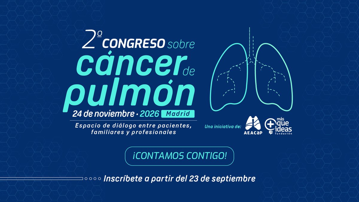 AEACaP's tweet photo. 🔵🫁 ¡El segundo Congreso sobre #cáncerdepulmón ya tiene fecha!

➡️ Un espacio de diálogo entre #paciente, familiares y profesionales

🗓️ 24 de noviembre
📍 Madrid

👉 Una iniciativa de @FundacionMQI y @AEACaP 

❗️En próximas fechas iremos ampliando los detalles https://t.co/BtqMO2MgJl