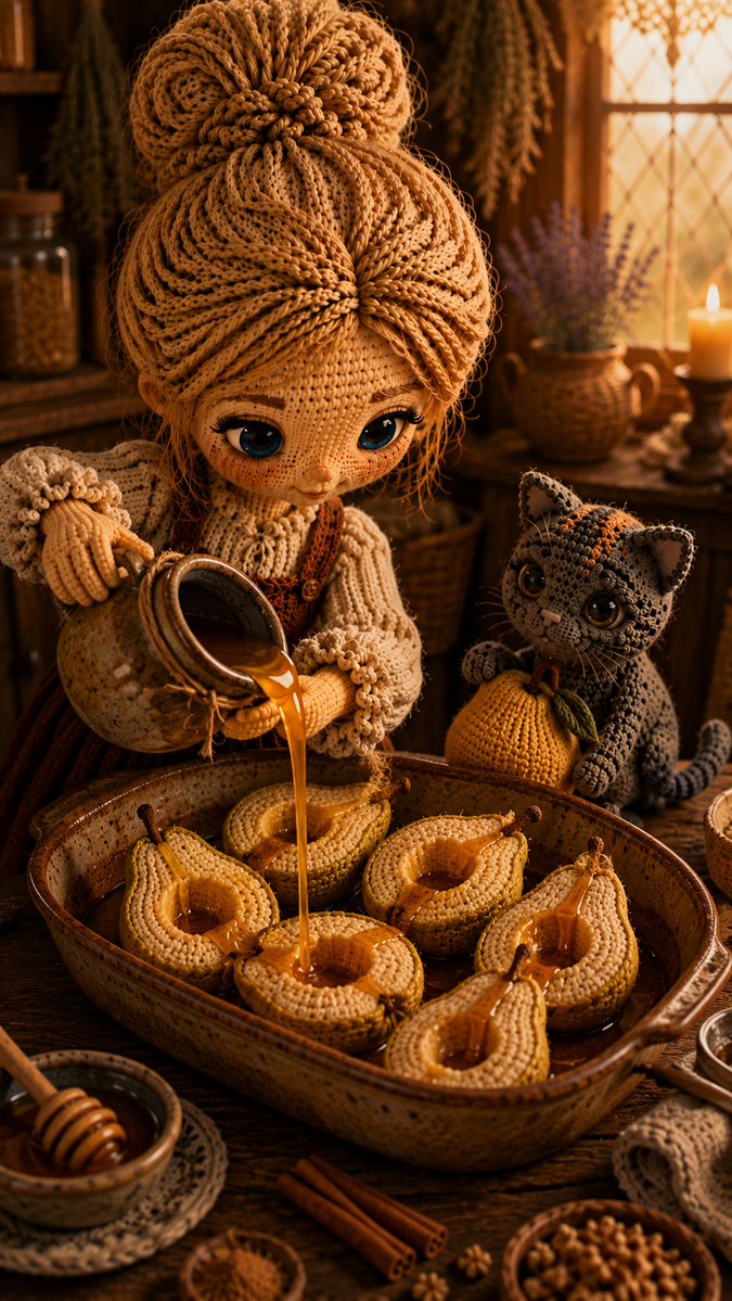 QuillsKitchen's tweet photo. Something warm, sweet, and very golden is headed for the hearth today… 🍐🍯🪶

Any guesses what Quill and her tiny supervisor are making? 👀

#QuillsKitchen #YarnWorld #CozyFantasy #FallBaking https://t.co/UdarIJTzEL