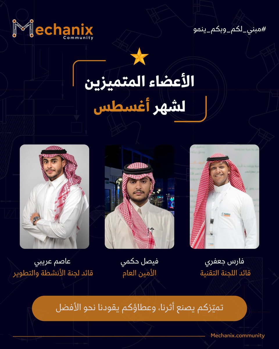 Mechanix_T1's tweet photo. تميّز يُقدَّر.. وعطاء يصنع الأثر ⭐️
نفخر في مجتمع Mechanix بالأعضاء المتميزين لشهر أغسطس تقديراً لجهودهم وعطائهم المستمر ومساهمتهم الفاعلة في تطوير المجتمع وصناعة أثره⚙️.
شكراً لعطائكم والقادم يحمل فرصاً أكبر للتميّز والإنجاز.
#Mechanix #مبني_لكم_وبكم_ينمو https://t.co/WhlD068djT