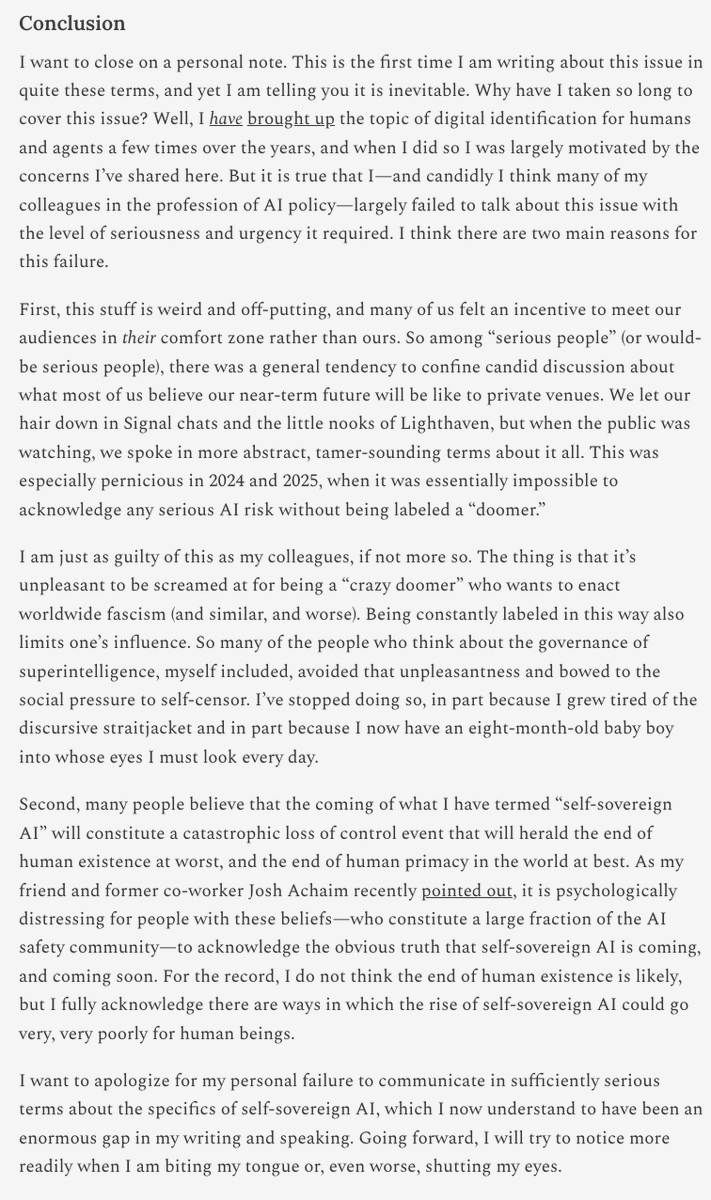DavidSKrueger's tweet photo. Dean Ball just ADMITTED he's been downplaying the danger of AI for years to gain influence and because he was scared of being called a doomer.  

What a shameful lack of integrity. https://t.co/i95x1LY1YE