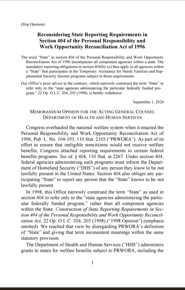 EWess92's tweet photo. 🚨 Hot off the press: OLC holds that states accepting federal food stamp and social security assistance must report known illegal immigrants to DHS. Under a 1996 welfare-reform law, Congress required states to report any person they know to be not lawfully present in the US. https://t.co/yXo9wE1H0m