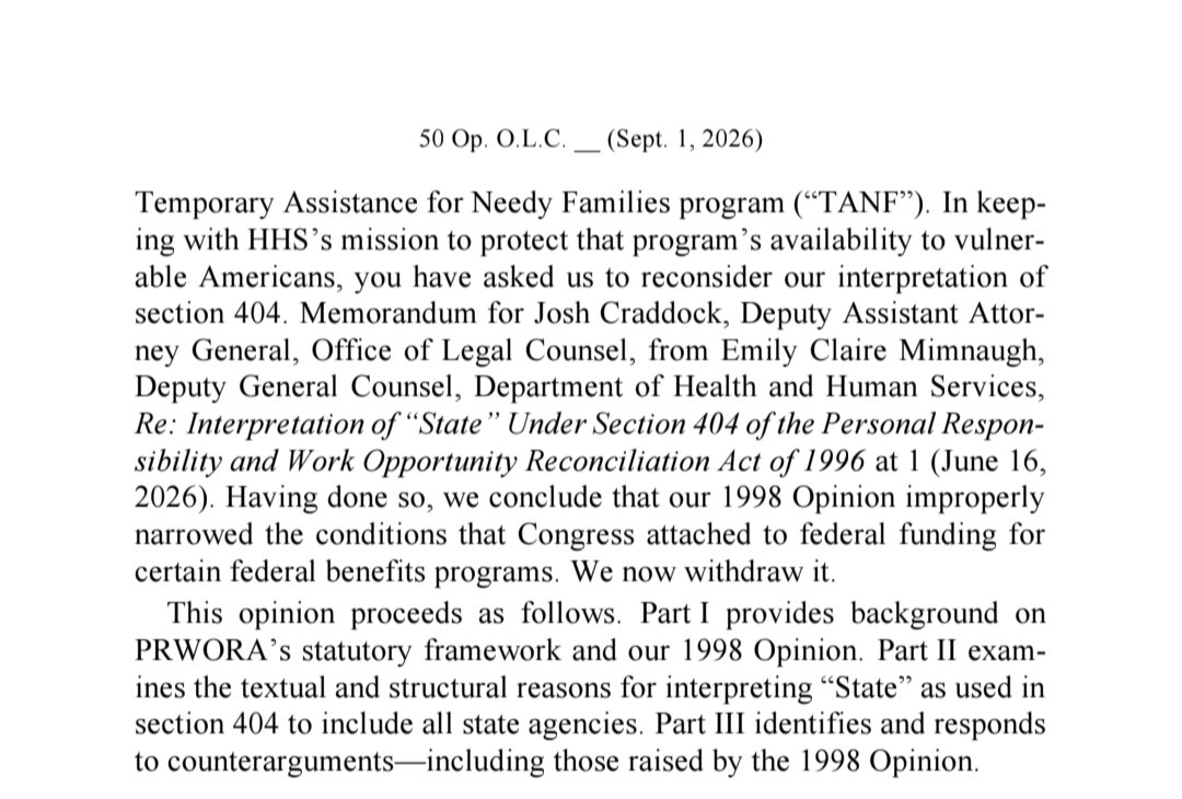 EWess92's tweet photo. 🚨 Hot off the press: OLC holds that states accepting federal food stamp and social security assistance must report known illegal immigrants to DHS. Under a 1996 welfare-reform law, Congress required states to report any person they know to be not lawfully present in the US. https://t.co/yXo9wE1H0m