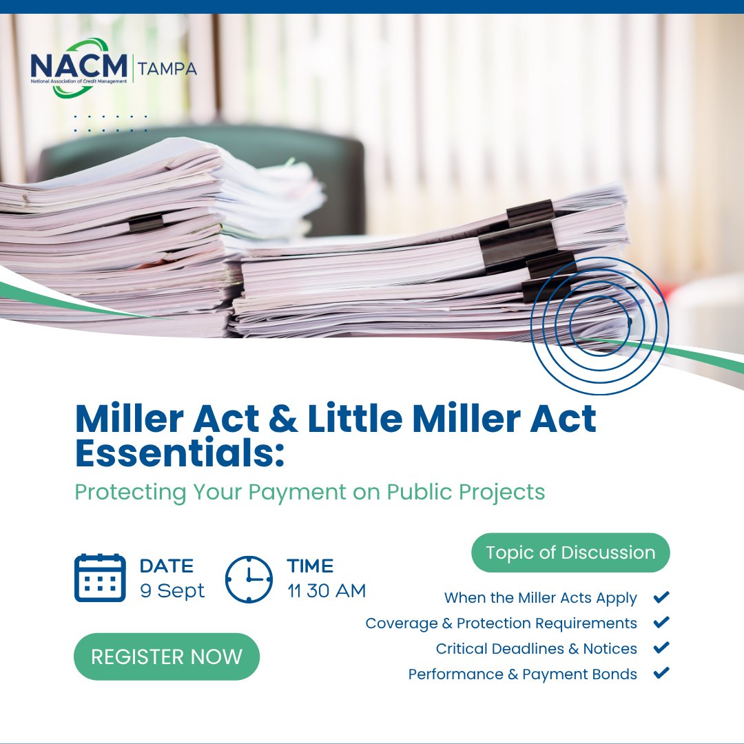 zoomlien's tweet photo. Our affiliate NACM Tampa is hosting **Miller Act &amp; Little Miller Act Essentials** Sept. 9.

Learn about coverage, critical deadlines, notices and payment &amp; performance bonds.

Register: https://t.co/6Ygx8RokoP

#ZoomLien #MillerAct https://t.co/FMJKAVX66t