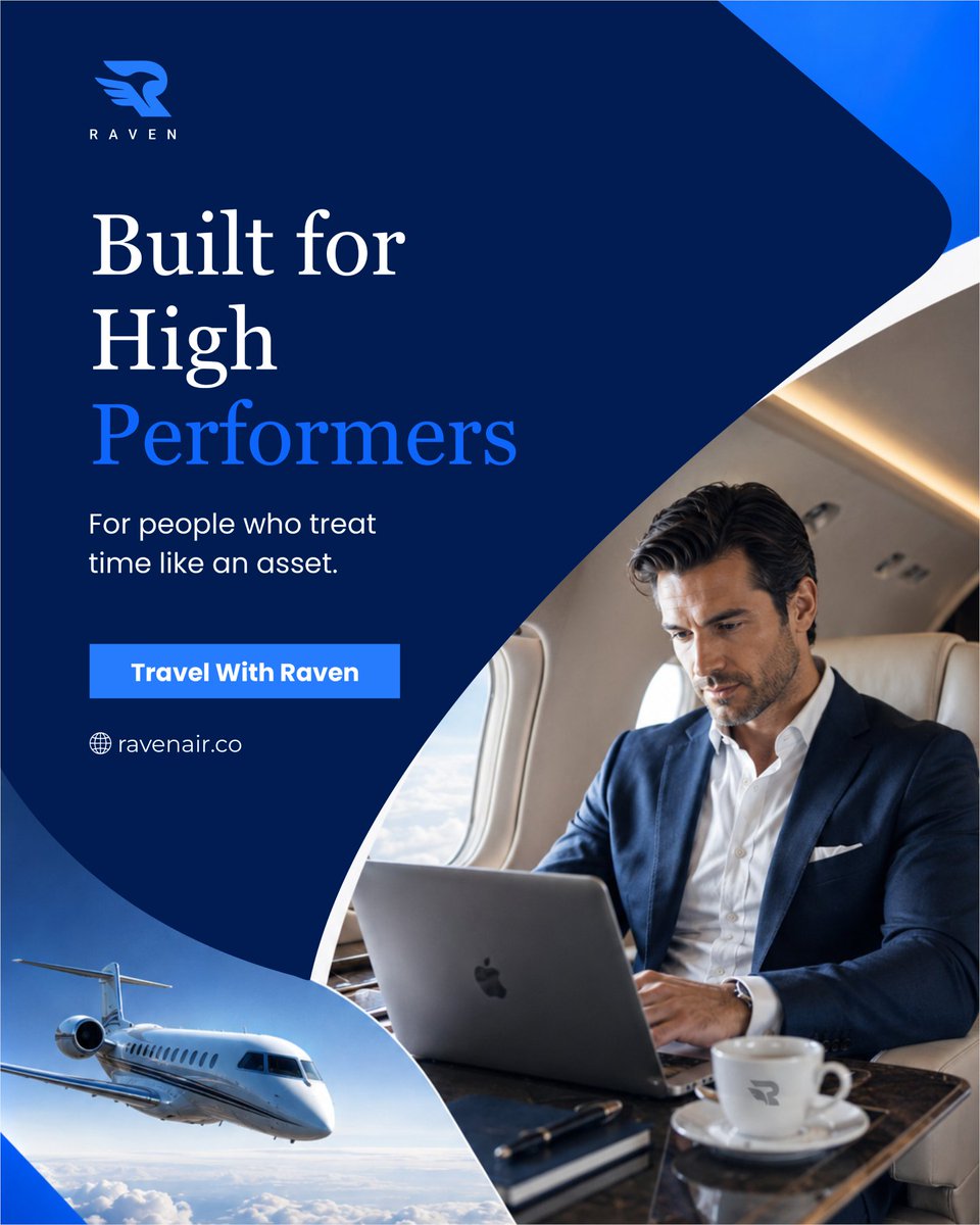 Ravenmobilityco's tweet photo. When travel works as hard as you do, everything changes. 💼📈🛩️ 

Raven is designed specifically for professionals who view time as an irreplaceable asset. Stay connected, work in quiet luxury, or recharge in peace while flying between major hubs without standard commercial interruptions. ☕💻 

Do you use your flight time to work, relax, or plan your next big project?👇 Share your routine in the comments! 

Upgrade your workday at 30,000 feet. 
🚀 Explore executive Raven Membership options now at https://t.co/wHqFYRoOIt 

(high performer travel, business jet, productivity in flight, executive lifestyle, semi-private aviation) 

#ravenair #semiprivateflying #luxuryaviation #executivetravel #jettravel