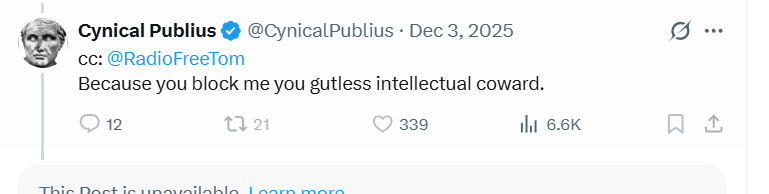 RadioFreeTom's tweet photo. As you read all that tl/dr self-pity from @CynicalPublius - this is how he and @infantrydort (and @datarepublican) showed up in my TL last winter, demanding attention.
Now they complain. But good to recall how these folks engaged before they stepped on all those rakes. https://t.co/jTogaPDrGL