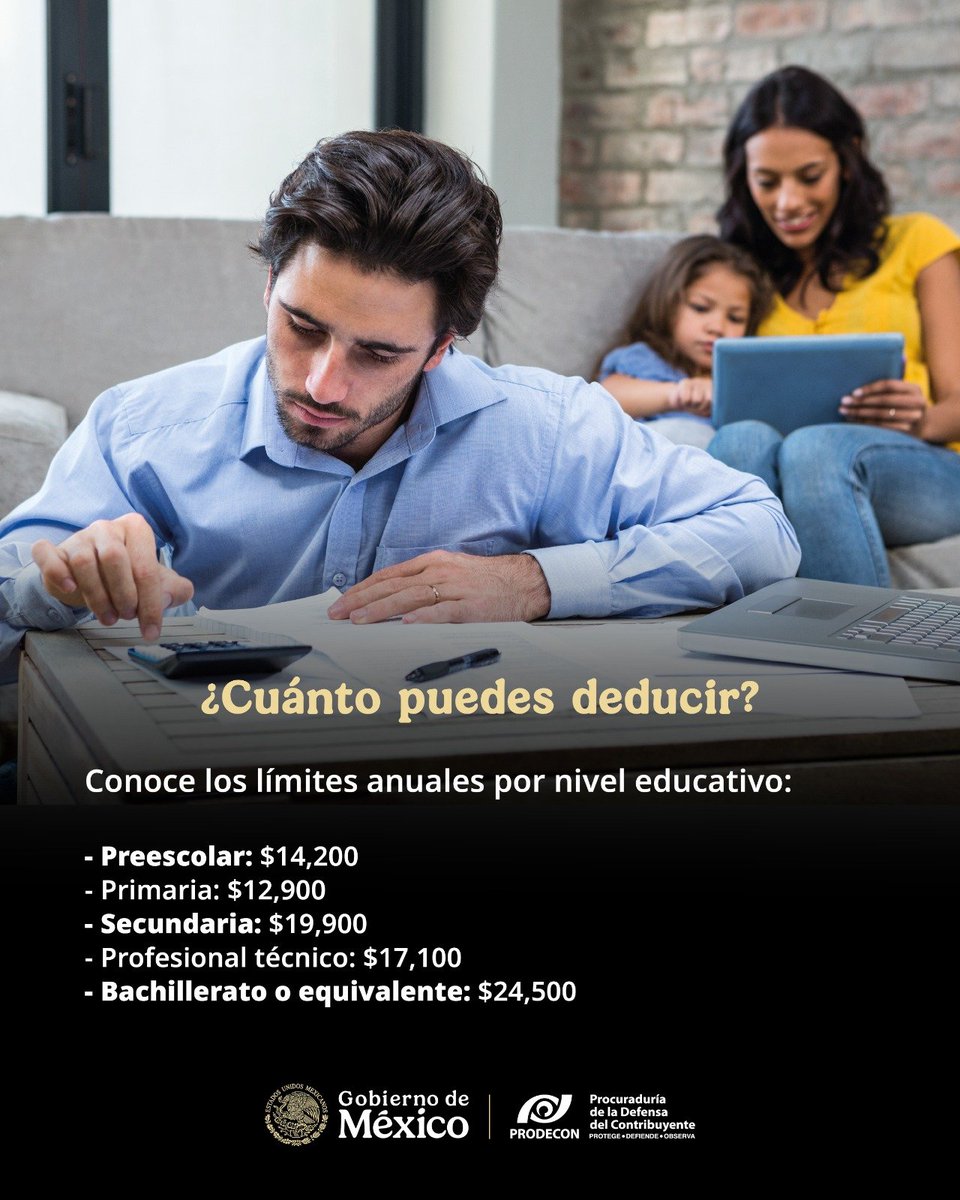 ProdeconMexico's tweet photo. 💡 #ProdeTip 

📢 ¡No olvides solicitar tu factura!

🎓 Para aprovechar las deducciones por gastos educativos, es importante cumplir con los requisitos fiscales, entre ellos: contar con el CFDI y realizar el pago correspondiente mediante cheque nominativo, transferencia electrónica, tarjeta de débito o crédito. 

🤝 ¿Tienes dudas? En #PRODECON te podemos asesorar de manera gratuita. ¡Estamos para ayudarte! 

Acude a tu oficina más cercana:
📍 https://t.co/u6f3uxkkcy

Correo electrónico👉 atencionalcontribuyente@prodecon.gob.mx

☎️Teléfonos de atención: 55 1205 9000/ 800 611 0190

🤖 PRODEBOT: https://t.co/OyKxAJw3m2

💻 Chat en línea: https://t.co/M3dvxQRBMZ

#PRODECONProtegeTusDerechos