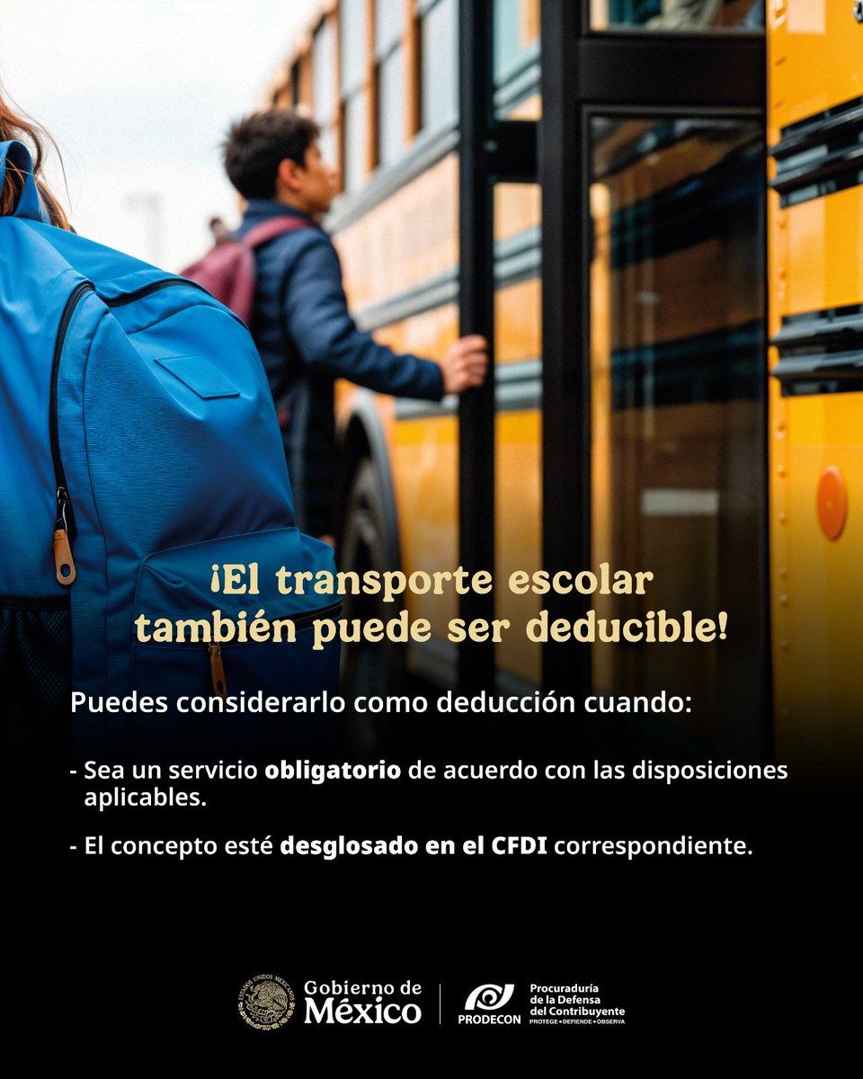 ProdeconMexico's tweet photo. 💡 #ProdeTip 

📢 ¡No olvides solicitar tu factura!

🎓 Para aprovechar las deducciones por gastos educativos, es importante cumplir con los requisitos fiscales, entre ellos: contar con el CFDI y realizar el pago correspondiente mediante cheque nominativo, transferencia electrónica, tarjeta de débito o crédito. 

🤝 ¿Tienes dudas? En #PRODECON te podemos asesorar de manera gratuita. ¡Estamos para ayudarte! 

Acude a tu oficina más cercana:
📍 https://t.co/u6f3uxkkcy

Correo electrónico👉 atencionalcontribuyente@prodecon.gob.mx

☎️Teléfonos de atención: 55 1205 9000/ 800 611 0190

🤖 PRODEBOT: https://t.co/OyKxAJw3m2

💻 Chat en línea: https://t.co/M3dvxQRBMZ

#PRODECONProtegeTusDerechos