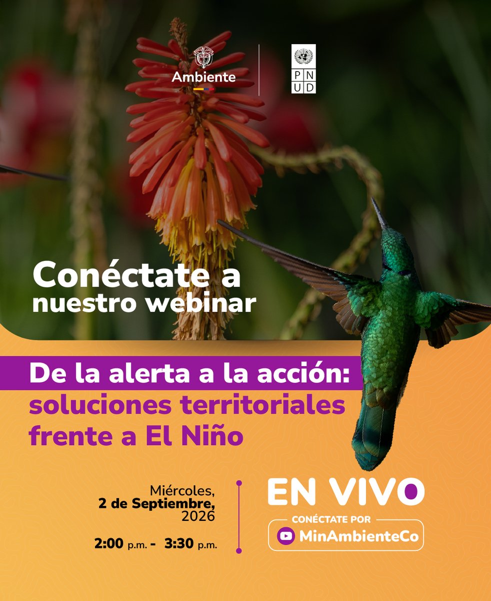MinAmbienteCo's tweet photo. 🔴▶️Conéctate a nuestro webinar y descubre... 

¿Cómo nos estamos preparando desde los territorios frente a los posibles impactos del fenómeno de El Niño?

@MinAmbienteCo y @PnudColombia te invitan a conocer experiencias y soluciones que comunidades, organizaciones campesinas, líderes ambientales y actores locales ya están poniendo en marcha para anticiparse y actuar:

✅ Proteger el agua antes de la sequía.
✅ Sembrar resiliencia frente a la sequía.
✅ Prepararse antes del fuego.
✅ Restaurar hoy para resistir mañana.
✅ Financiar la acción antes del impacto.

🔗https://t.co/POf4LFZv5g
