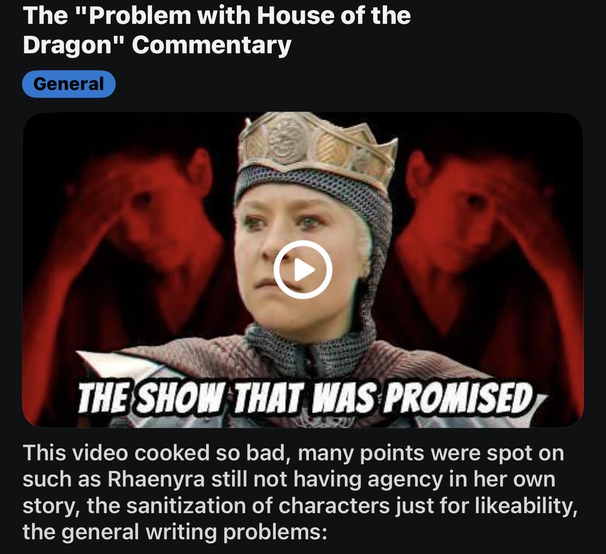 SerpentrixBella's tweet photo. I just saw this comment on Reddit and it is SPOT ON. 

Condal’s HOTD has had Rhaenyra emulate Viserys for the first two seasons. In the third season, she’s trying to be Daemon. 

Will these hack writers ever let Rhaenyra be Rhaenyra? Probably not as the show will end next year. https://t.co/XwoHQe4nsR