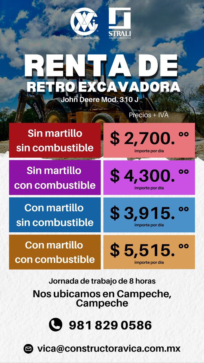 vicaystrali's tweet photo. RENTA de Retroexcavadoras. Informes al 📱 981 82 90586
#yucatán
#Campeche
#construccion
#Maquinaria
@vicaystrali
@victordelrior https://t.co/WvEXukcdUl