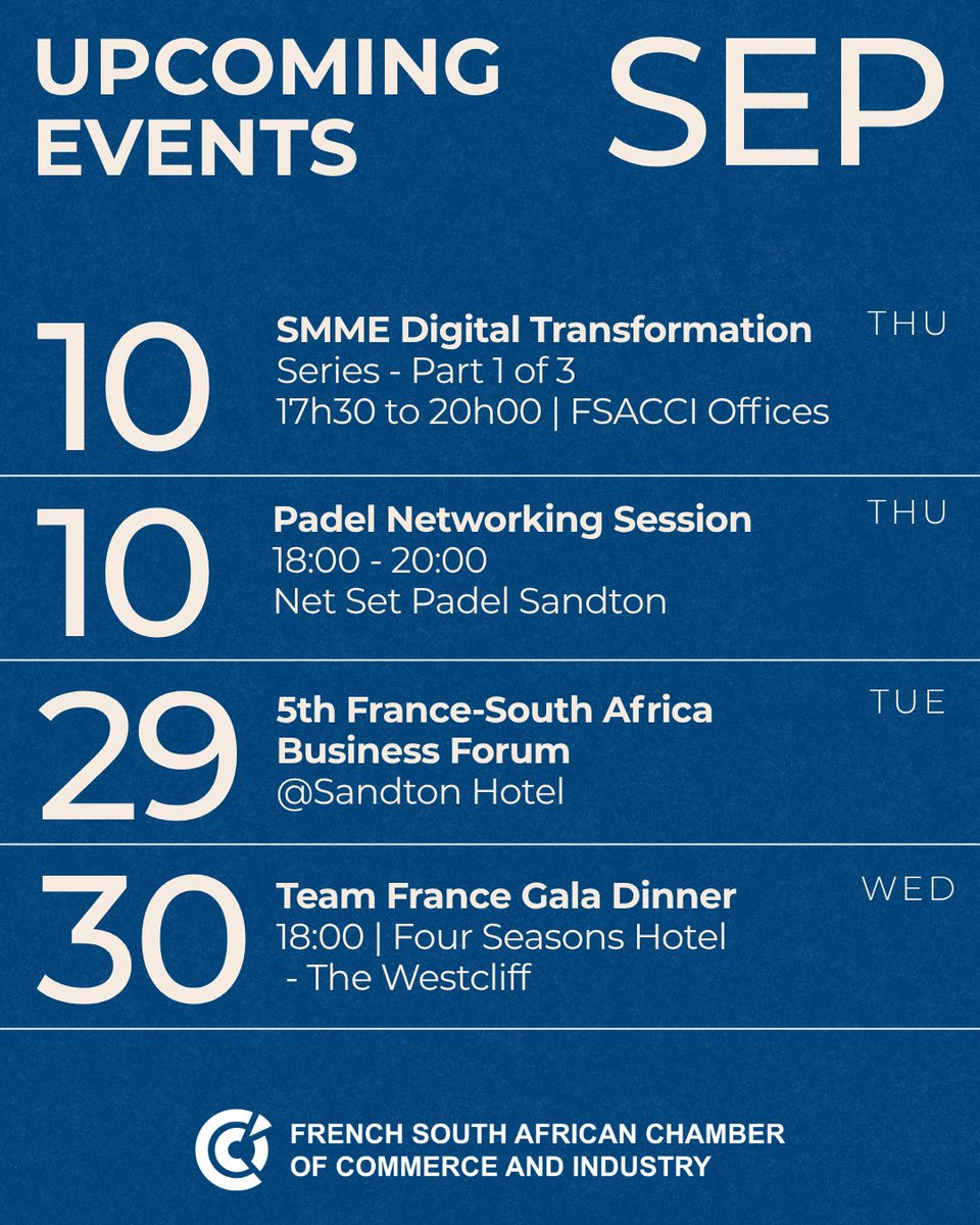FSACCI's tweet photo. There’s a lot happening this month!

Mark your calendars and complete your reservation for our upcoming events in Johannesburg and Cape Town. 
From business networking to the much-anticipated Business Forum and Gala Dinner, there are several opportunities to connect, learn and engage with the French-South African business community.

Find all the details here: https://t.co/67w0LM7Sar

We look forward to seeing you there!