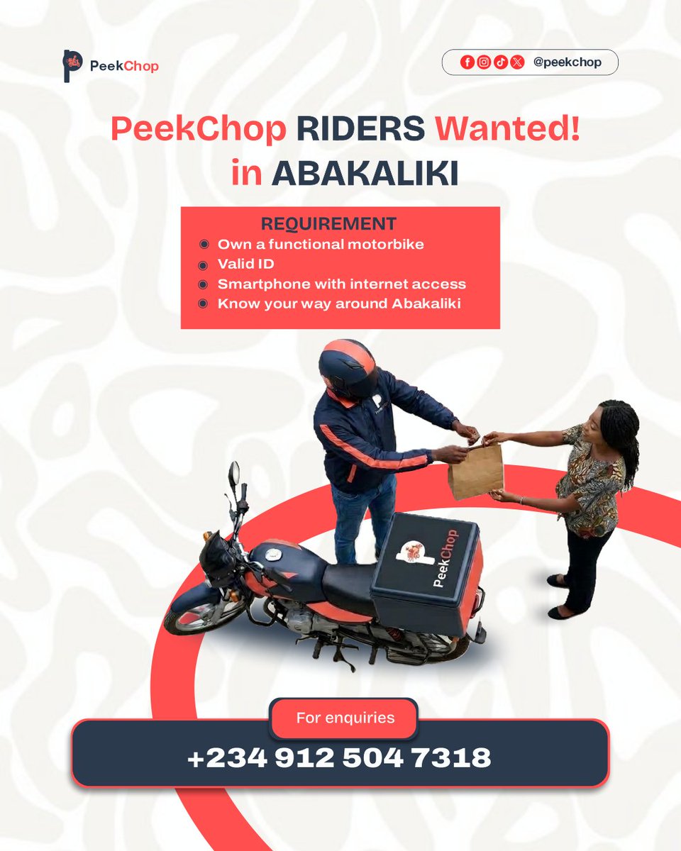 peekchop's tweet photo. PeekChop is calling all riders in Abakaliki!

Got a bike?  

We've got the orders waiting for you. 
Join the PeekChop rider team and turn every delivery into money in your pocket. https://t.co/SAbCkUIqyt