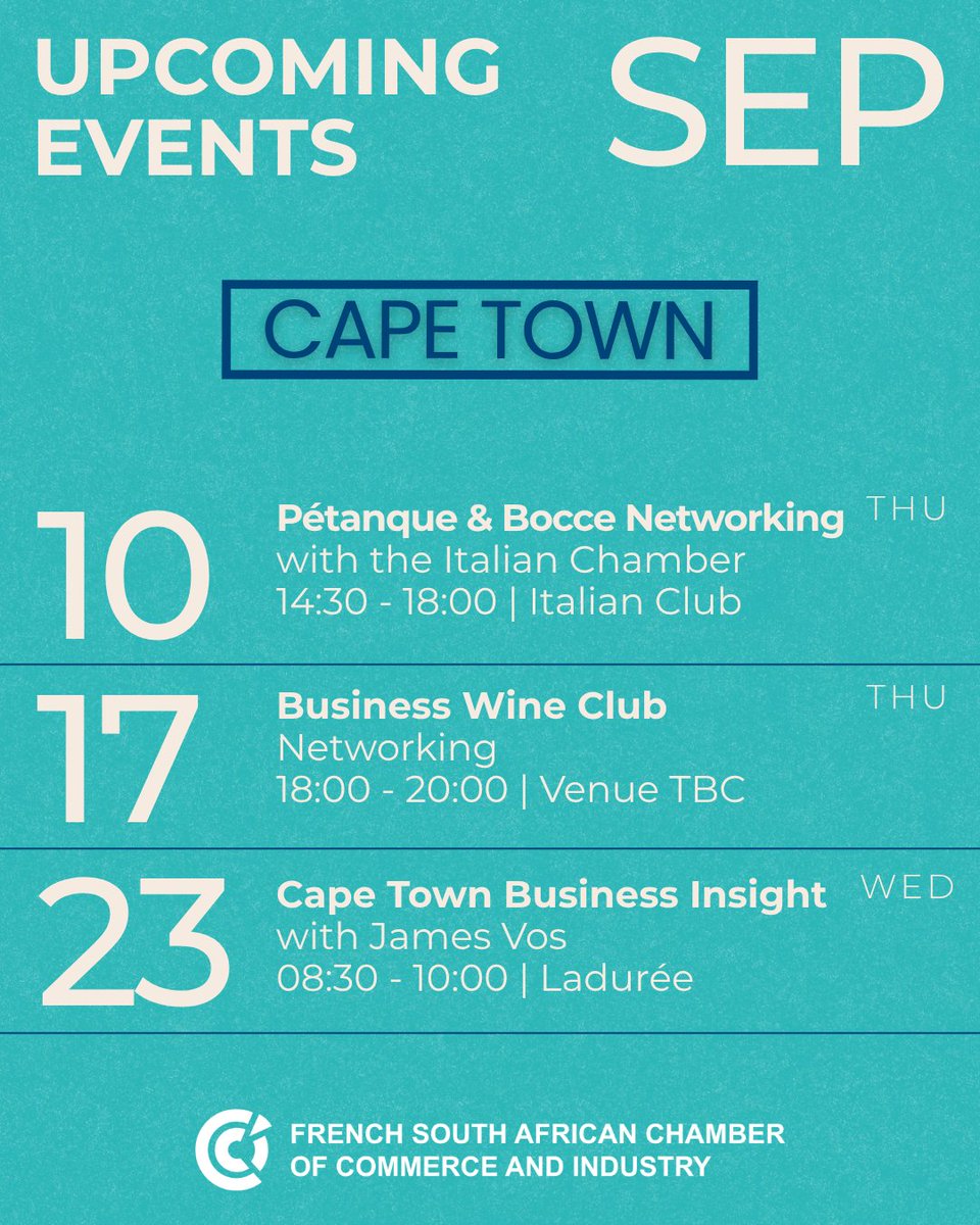 FSACCI's tweet photo. There’s a lot happening this month!

Mark your calendars and complete your reservation for our upcoming events in Johannesburg and Cape Town. 
From business networking to the much-anticipated Business Forum and Gala Dinner, there are several opportunities to connect, learn and engage with the French-South African business community.

Find all the details here: https://t.co/67w0LM7Sar

We look forward to seeing you there!
