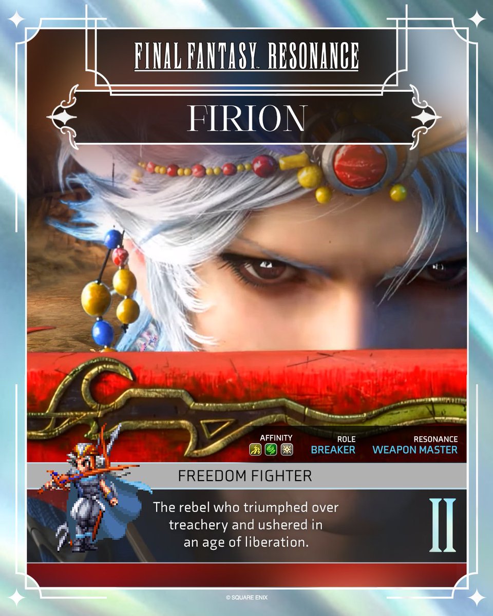 FinalFantasy's tweet photo. Final Fantasy Resonance Vision: Firion (II)
Will you resonate with this hero?

Were the people who pledged themselves to your cause – who fought alongside you – to be struck down, one after the other, how would you react? 
(A) Stay the course and carry on 
(B) Try to limit causalities whenever possible 
(C) Avoid conflict and endure tyranny