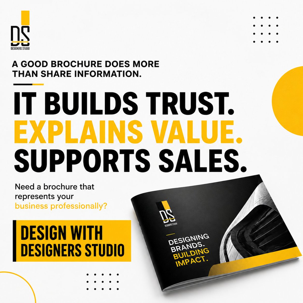 designersstudi4's tweet photo. Does your business need a brochure?
If you want customers to understand your services faster, trust your business and remember your brand, yes.
Print it. Share it on WhatsApp. Email it. Add it to your website.
One design. Multiple uses.
#BrochureDesign #Branding #DesignersStudio https://t.co/YQH3tQeFRs
