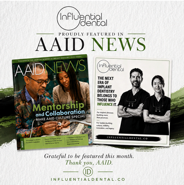 InfluentialDDS's tweet photo. Influence is bigger than attention. It’s about sharing knowledge, building leaders, and moving dentistry forward—together. Proud to have Influential Dental featured in AAID News this month!
#InfluentialDental #Influence #AAIDNews #AAID #Dentists https://t.co/xzj8Nxyp46