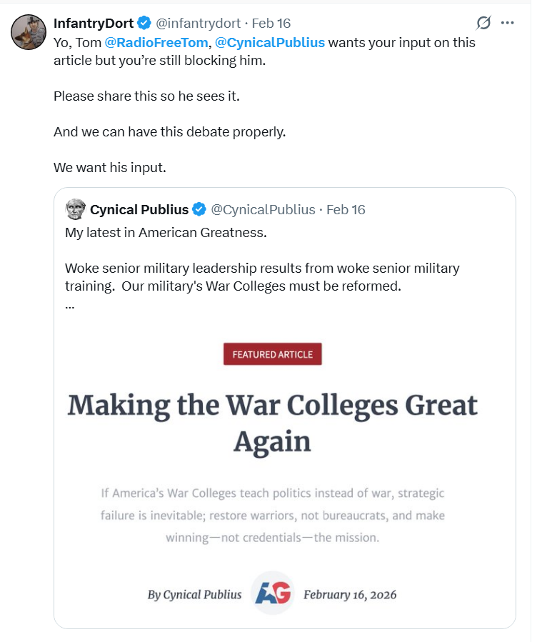 RadioFreeTom's tweet photo. As you read all that tl/dr self-pity from @CynicalPublius - this is how he and @infantrydort (and @datarepublican) showed up in my TL last winter, demanding attention.
Now they complain. But good to recall how these folks engaged before they stepped on all those rakes. https://t.co/jTogaPDrGL