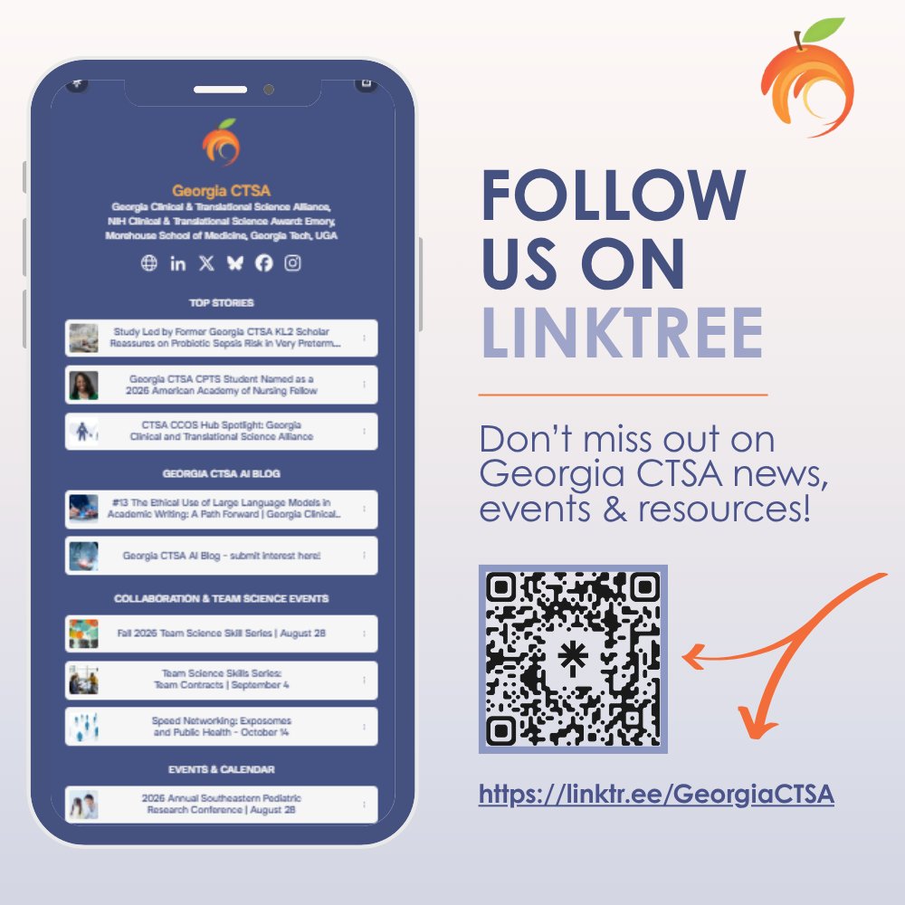 Georgia_CTSA's tweet photo. Did you know that we're on Linktree? Visit this one-stop shop for the latest Georgia CTSA news:

✔️Top stories ft. researchers, staff, and leaders
✔️Georgia CTSA and @CCOS_CTSA events
✔️Research Education/Collaboration &amp; Team Science Programs updates

🔖 https://t.co/YNjKr18iPg https://t.co/8NKhQRi0R7