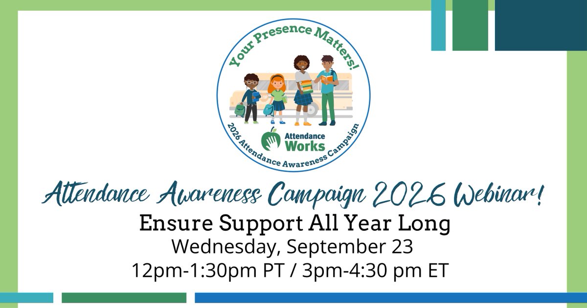 attendanceworks's tweet photo. 📅 Supporting attendance is a year-long effort. Join us Sept. 23 for Ensure Support All Year Long, the 4th AAC 2026 webinar, to explore strategies for sustaining attendance &amp; engagement throughout the year. #YourPresenceMatters
🔗 Save your spot! https://t.co/pqt9Xz0pgJ https://t.co/cXKVAXxNEh
