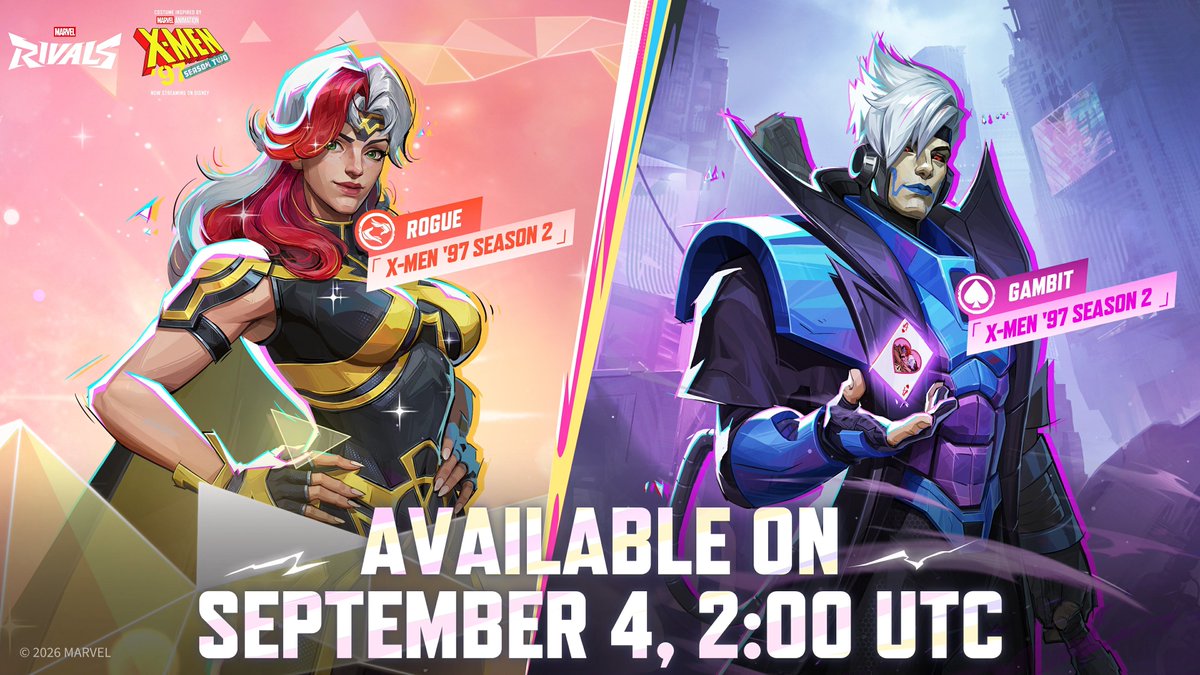 mmmmmmmmiller's tweet photo. ‼️ DETAILS: X-MEN '97 SEASON 2 COLLAB

Costumes based on Rogue and Gambit's appearance in X-Men '97 Season 2 are headed to #MarvelRivals tomorrow. MVP Animations are not currently included in their respective bundles. These will be added later and distributed retroactively as a free gift for existing owners.