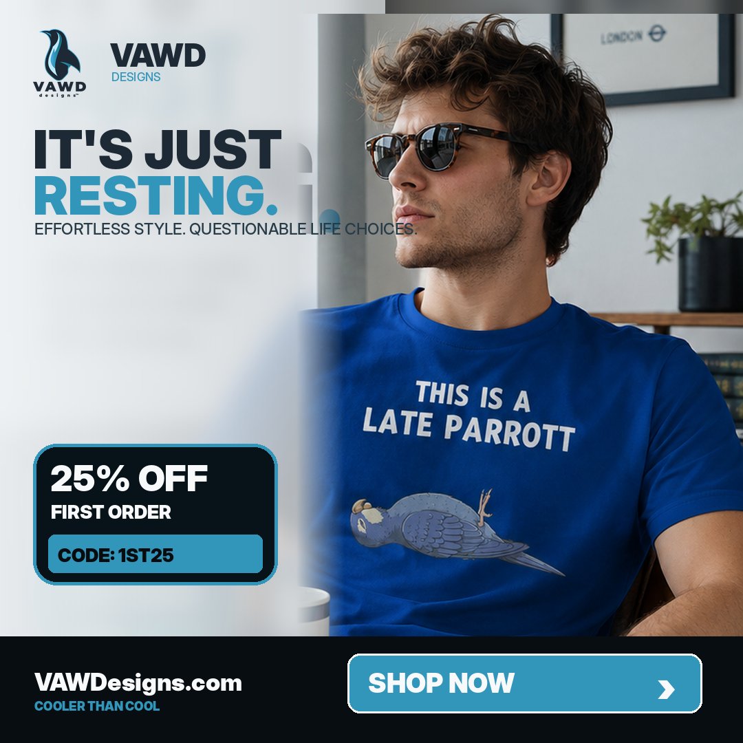 VAWDesigns's tweet photo. It’s not late.
It’s not gone.
It’s just… resting. 🦜
A little classic comedy energy for your closet.
Get 25% OFF your first order with code 1ST25 at https://t.co/dEWApmQJkY.
#VAWDesigns, #FunnyTshirt, #GraphicTee, #ComedyShirt #MontyPython #DeadParrott #ClassicComedy https://t.co/MjgUlQlBxc