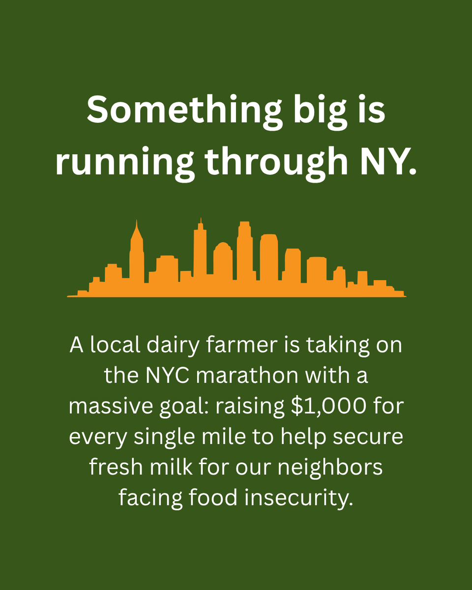 FeedingNys's tweet photo. This Sept, follow dairy farmer Tyler Beck on his Miles for Milk journey! 🥛 He’s running the NYC Marathon with @DairyNorthEast to raise $1K/mile for Fill A Glass With Hope, bringing fresh milk to local NY families via our food banks. Donate today! #HungerActionMonth https://t.co/ZqqD8hsoqy