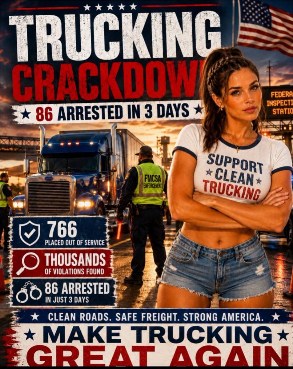 Serenitee_Sam's tweet photo. 86 truck drivers arrested. 766 drivers and vehicles ordered off the road. All in just THREE DAYS.

Operation Highway Shield swept Illinois, Indiana, Iowa and Ohio as federal and state authorities targeted unsafe trucks, unqualified operators and suspected CDL fraud.

And this crackdown is getting much bigger.

Federal officials say 26,000+ commercial drivers have been placed out of service for failing English-proficiency requirements, 8,000 training providers have been removed, and 30,000+ improperly issued commercial licenses have been canceled.

This isn’t paperwork when you're putting someone behind the wheel of an 80,000-pound rig.

Make Trucking Great Again.