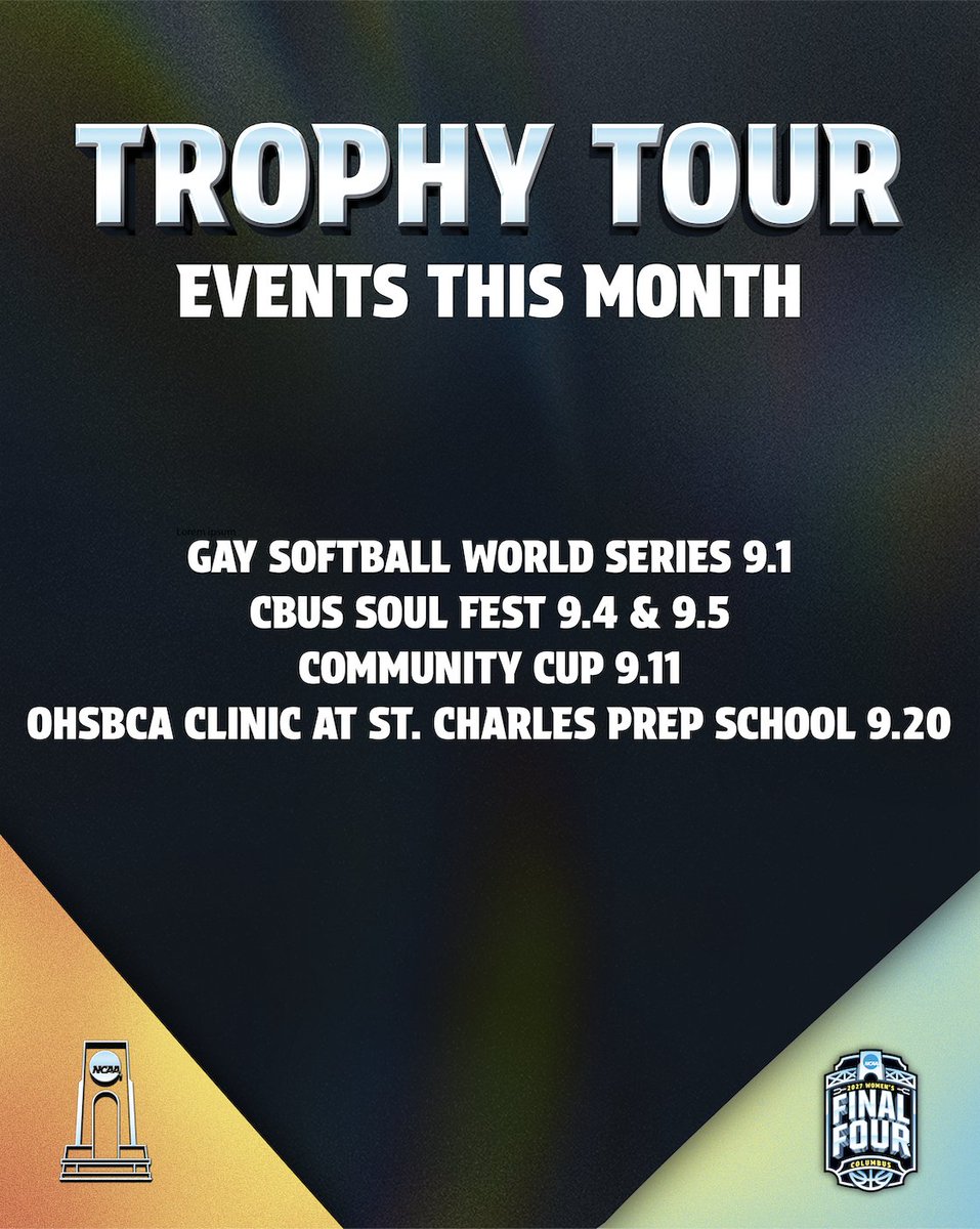 ColumbusSports's tweet photo. New month, new @WFinalFour Trophy Tour stops 😌

We're popping up around the city all month long with our friends at iPride @ExpCols and more to bring the NCAA Women's Final Four trophy to YOU 🏆

Visit https://t.co/fQhgOtAhxE for more info. https://t.co/xzBPknjS1d