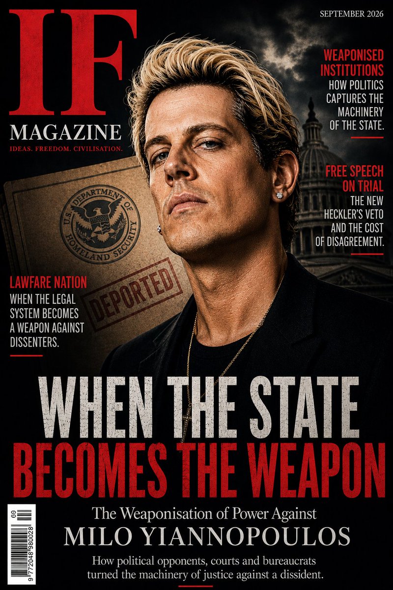 JohnMappin's tweet photo. WHEN THE STATE BECOMES THE WEAPON

The Weaponisation of Power Against Milo Yiannopoulos

By John Mappin | IF Magazine

There is an old and extremely important distinction between the rule of law and rule by law.

The first protects civilisation.

The second can destroy it.

Under the rule of law, the law stands above politics. It applies equally to the fashionable and unfashionable, the powerful and powerless, the popular and unpopular.

Under rule by law, something rather different happens.

The institutions remain. There are still judges, courts, officials, hearings, warrants, agencies and statutes. Everything retains the appearance of constitutional order.

But somewhere along the way the question changes.

Instead of asking, What does justice require?, people begin asking:

What can we use against him?

That distinction is worth considering in the extraordinary case of Milo Yiannopoulos.

Milo is not an easy man to defend.

That is precisely the point.

Free societies are not tested by how they treat people everybody likes. They are tested by what happens to the awkward man, the offensive man, the dissident, the troublemaker and, above all, the man who has accumulated powerful enemies.

Milo has spent much of his adult life collecting them.

For more than a decade he has made a profession of saying things other people considered unsayable. He has offended the Left and the Right, liberals and conservatives, journalists and politicians, activists and institutions.

At various moments he has even managed to offend many of his own friends.

One need not approve of everything Milo has ever said — I certainly do not — to recognise something infinitely more important.

He has a right to be treated justly.

And justice ceases to be justice the moment it depends upon whether we approve of the defendant.

THE ADMINISTRATIVE STATE HAS TEETH

In late August Milo Yiannopoulos was detained by United States Immigration and Customs Enforcement.

The government's stated position was straightforward: Milo had remained in the United States beyond the period authorised by his visa, had failed to appear at an immigration hearing and had consequently become subject to a final order of removal. He was subsequently detained and deported to Britain.

Those facts matter.

If somebody breaches immigration law, holding controversial political opinions does not magically exempt him from it.

But neither does that dispose of the wider question.

It raises it.

Why does the machinery of government descend upon some people with extraordinary efficiency while apparently passing others by?

That question becomes especially important whenever private political disputes and personal vendettas begin intersecting with the coercive machinery of the state.

There is an enormous difference between enforcing the law and encouraging the state to investigate one's political or personal opponents in the hope that something can be found against them.

The first is government.

The second is potentially something much darker.

And anyone who believes in constitutional government ought to recognise the difference.

FIRST THEY CAME FOR THE SPEECH

Milo's story did not begin with immigration.

Years before his deportation, his appearances on American university campuses had become battlegrounds over whether controversial political speech should be permitted at all.

At Berkeley in 2017, protests surrounding one of his scheduled appearances descended into violence and the event was cancelled.

Consider the extraordinary inversion.

A speaker is controversial.

Opponents threaten disorder.

The authorities fear disorder.

And therefore the speaker disappears.

It is the ancient mechanism known as the heckler's veto.

You do not actually have to censor somebody if you can make the consequences of allowing him to speak sufficiently unpleasant.

And the modern mechanism extends far beyond universities.

Publishers, payment processors, social-media platforms, banks, employers, professional organisations and government agencies collectively possess an astonishing capacity to make somebody disappear from respectable public life.

Each institution may insist that it acted independently.

Perhaps it did.

But the cumulative result can nevertheless resemble something very different from ordinary disagreement.

It can resemble civic erasure.

THEN COME THE COURTS

There is another characteristic of modern political warfare that deserves considerably more attention.

The legal process itself can become punishment.

A person does not necessarily need to be convicted of anything to have his life profoundly damaged by law.

Lawyers must be hired.

Documents produced.

Hearings attended.

Depositions endured.

Deadlines observed.

Money spent.

Years disappear.

Reputations become permanently associated with litigation merely because litigation exists.

None of this means courts should not function. Of course they should.

Nor does it mean that every case involving a political figure constitutes persecution. Plainly it does not.

The danger arises when citizens begin to regard the legal system not principally as a means of obtaining justice, but as another battlefield upon which political enemies can be exhausted.

That is the phenomenon sometimes called lawfare.

And it is corrosive because it retains all the outward appearances of legality.

No dictator is required.

No secret police are necessary.

The paperwork is perfectly in order.

“BUT HE BROKE THE LAW”

There is a sentence increasingly heard in modern politics:

“But he broke the law.”

Sometimes that settles the matter.

But sometimes it does not.

Modern states have accumulated enormous forests of statutes, regulations, administrative requirements, tax provisions, immigration rules and reporting obligations.

Consequently, the mere existence of a technical violation cannot always answer the question of selective enforcement.

The deeper question is whether the same machinery would have moved with the same determination against somebody politically useful, fashionable or protected.

That is where equality before the law becomes meaningful.

It does not merely mean that the same statute exists on paper for everybody.

It means that the coercive attention of the state must not be allocated according to friendship, faction, influence or ideology.

If my friend commits an offence, the law should apply.

If my enemy commits precisely the same offence, the law should apply precisely the same way.

Anything else is not justice.

It is politics wearing a judge's wig.

THE RIGHT SHOULD KNOW BETTER

There is an especially uncomfortable aspect to Milo's case for conservatives.

Milo himself has advocated tough immigration enforcement.

His opponents can therefore laugh and say that he has merely received the policies he wanted imposed upon others.

Perhaps there is an irony there.

But schadenfreude is not a constitutional principle.

If conservatives genuinely believe in borders, courts, police and strong institutions, then they carry a greater responsibility — not a lesser one — to ensure those powers are exercised impersonally.

Otherwise the conservative argument for strong institutions quietly becomes an argument for strong institutions provided our people control them.

That is not conservatism.

It is factionalism.

And eventually the faction changes.

This is the lesson political movements repeatedly refuse to learn.

Every weapon constructed for your enemy will eventually be inherited by somebody who considers you the enemy.

THE PERFECT TEST

Milo is therefore almost the perfect test of whether we actually believe the principles we claim to believe.

Not because he is always right.

Not because he is always wise.

Certainly not because he is always polite.

He matters precisely because he is difficult.

It requires virtually no courage to defend the liberties of somebody whose opinions are approved by every respectable newspaper.

The real test comes when the individual is outrageous, embarrassing, unpredictable and capable of saying things one desperately wishes he had not said.

Civilisation means that even that man receives justice.

Especially that man.

The political weaponisation of institutions rarely announces itself with trumpets.

Nobody hangs a brass plaque outside a government department reading:

OFFICE OF POLITICAL PERSECUTION.

It arrives bureaucratically.

A complaint.

A referral.

A subpoena.

An investigation.

A hearing.

A regulation.

A missed deadline.

A removal order.

Every individual step may be lawful.

Every official involved may believe he is simply doing his job.

And yet citizens must retain the courage to ask whether the immense coercive power of government is being applied consistently — or whether political and personal warfare has somehow found its way inside the machinery.

That question is not an attack upon the rule of law.

It is essential to preserving it.

Because the law must punish conduct, not opinions.

Government must administer justice, not revenge.

Courts must resolve disputes, not become weapons through which the wealthy, powerful or politically connected can exhaust their enemies.

And political factions must resist the intoxicating temptation to summon the power of the state against people they dislike.

The moment we abandon those principles because the person concerned is Milo Yiannopoulos, we have established something considerably more important than what happens to Milo.

We have established that the principle itself is negotiable.

And once equality before the law becomes negotiable, the only remaining question is who controls the machinery.

Today it may be Milo.

Tomorrow it may be someone you despise.

And the day after that—

it may be you.

@Nero @RealCandaceO @piersmorgan @RupertLowe10 
@OwenBenjamin @AwakenWithJP @RealAlexJones @jimmy_dore @TuckerCarlson @buckleycarlson @joekent16jan19 @GenFlynn @BretWeinstein @goddek @danwootton @PaulConnolly10