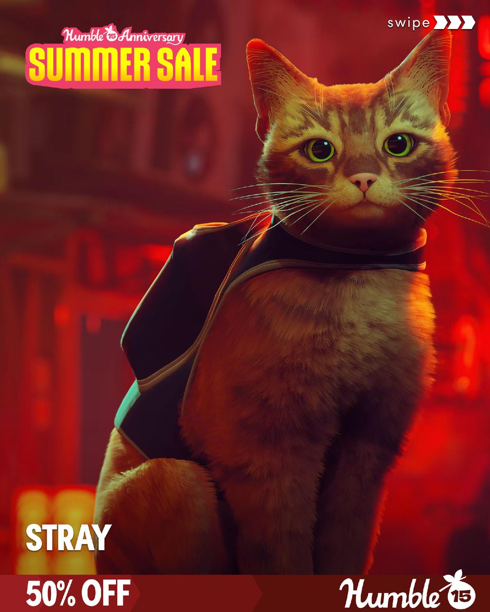 humble's tweet photo. Lost, alone and separated from family, untangle an ancient mystery to escape a long-forgotten cybercity and find your way home in Stray, now 50% off during the Humble Summer Sale. https://t.co/Zjv6xXSoRk https://t.co/t8yqHnDVZx