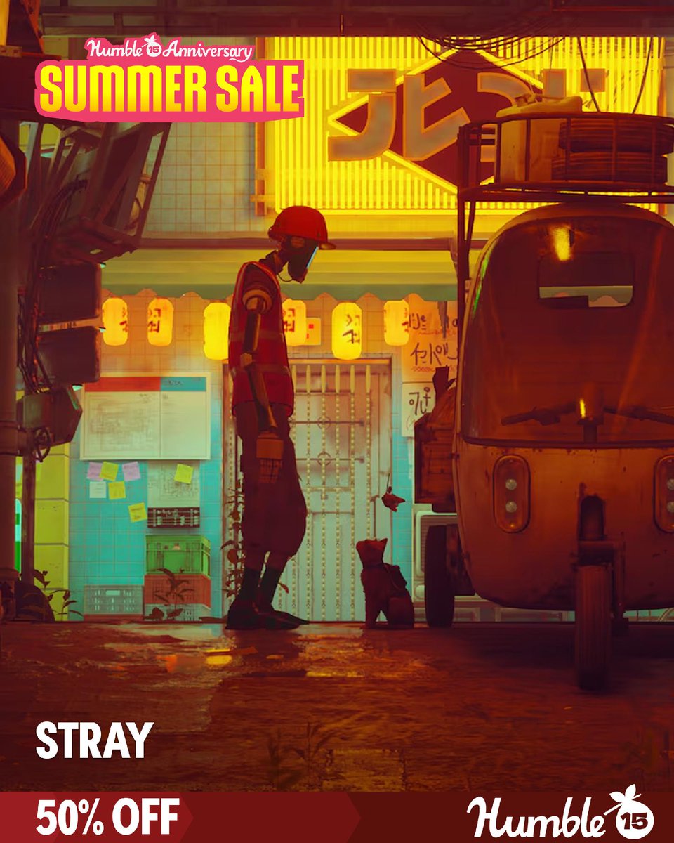 humble's tweet photo. Lost, alone and separated from family, untangle an ancient mystery to escape a long-forgotten cybercity and find your way home in Stray, now 50% off during the Humble Summer Sale. https://t.co/Zjv6xXSoRk https://t.co/t8yqHnDVZx