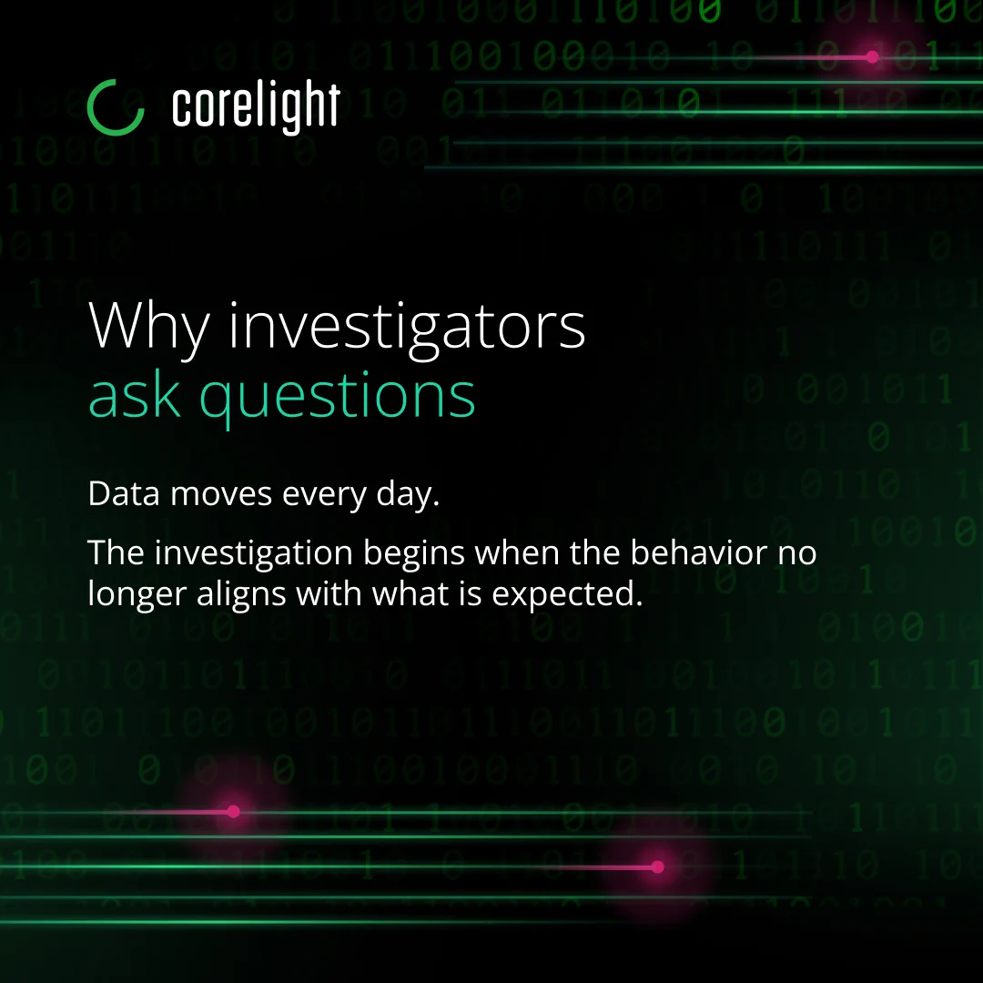The image features the Corelight logo and the text: "Why investigators ask questions. Data moves every day. The investigation begins when the behavior no longer aligns with what is expected." The background is a digital-style design with binary code.