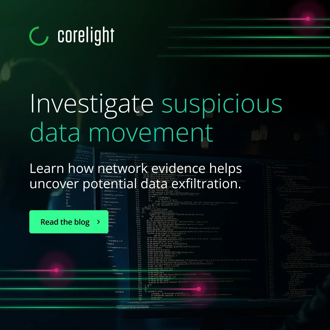 A  graphic from Corelight featuring the text: "Investigate suspicious data movement." It invites readers to "Learn how network evidence helps uncover potential data exfiltration" with a button labeled "Read the blog." The background displays a blurred screen with lines of computer code.