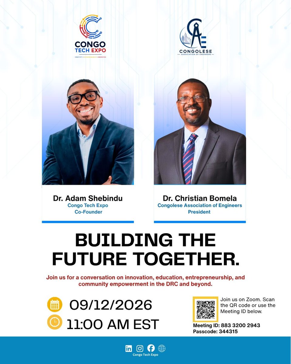 CongoTechExpo's tweet photo. New Date, Same Vision!

We’re excited to reconnect with the Congolese Association of Engineers for an inspiring conversation on engineering, technology, innovation, and the future of Congo.

12/09| 🕐 11am EST | 💻 Zoom

Join the conversation! https://t.co/UDsH48S2KW