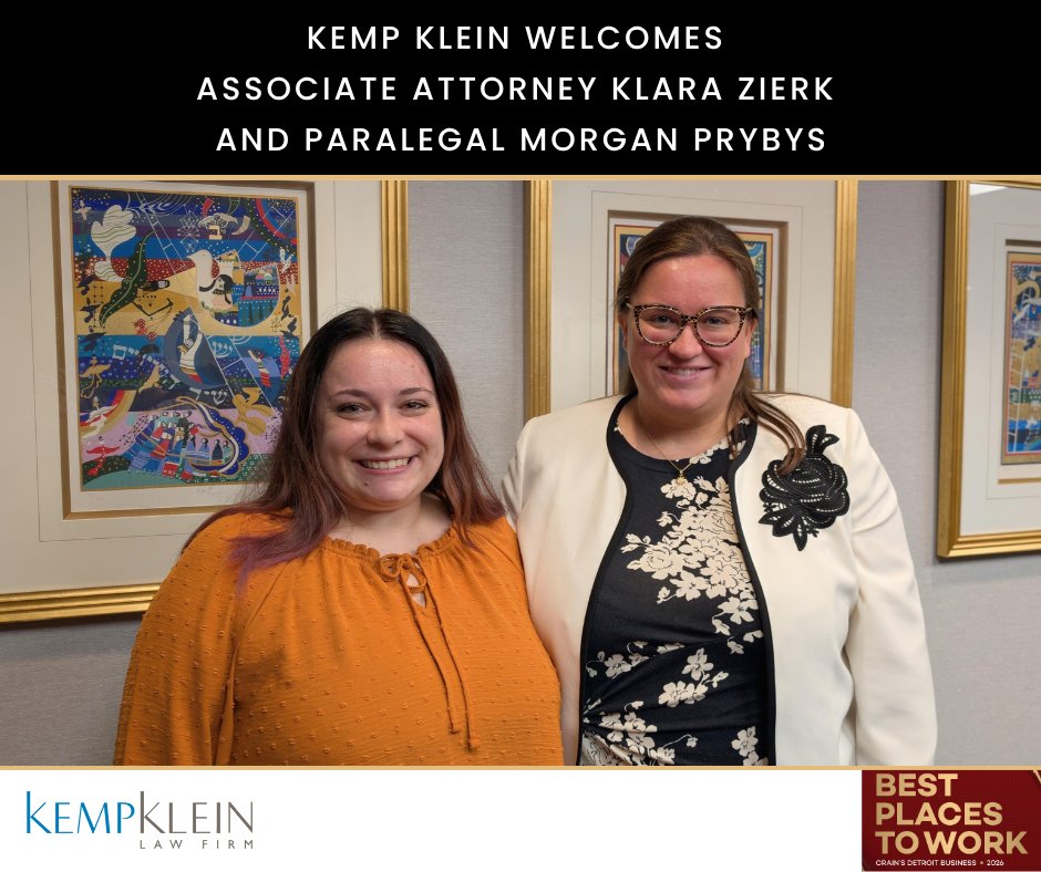 KempKleinLaw's tweet photo. Kemp Klein is pleased to welcome Associate Attorney Klara Zierk and Paralegal Morgan Prybys to the firm.

We are excited to have Klara and Morgan at Kemp Klein and look forward to the experience and perspective they will bring to the firm.

#Career #BestPlacesToWork #LawFirm https://t.co/qNrVlbaVsz